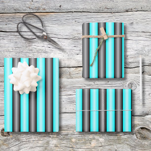 Modern Neon Blue and Black 3D Metal Effect Stripes Wrapping Paper Sheets