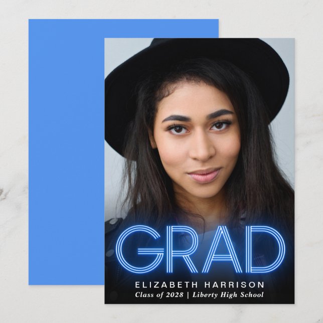 Modern Neon Blue Graduation Announcement (Front/Back)