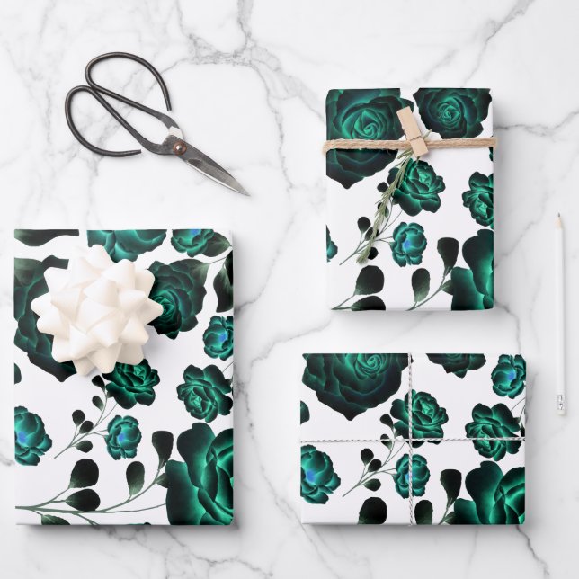 Modern Neon Blue & Gray Floral Pattern Wrapping Paper Sheets (Front)