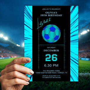 Modern Neon Blue Soccer Birthday Invitation Card
