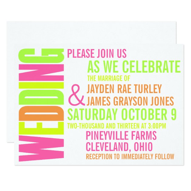 Modern Neon Brights Block Print Wedding Invitation