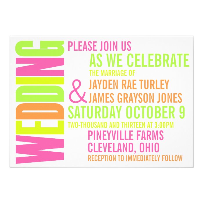 Modern Neon Brights Block Print Wedding Invitation