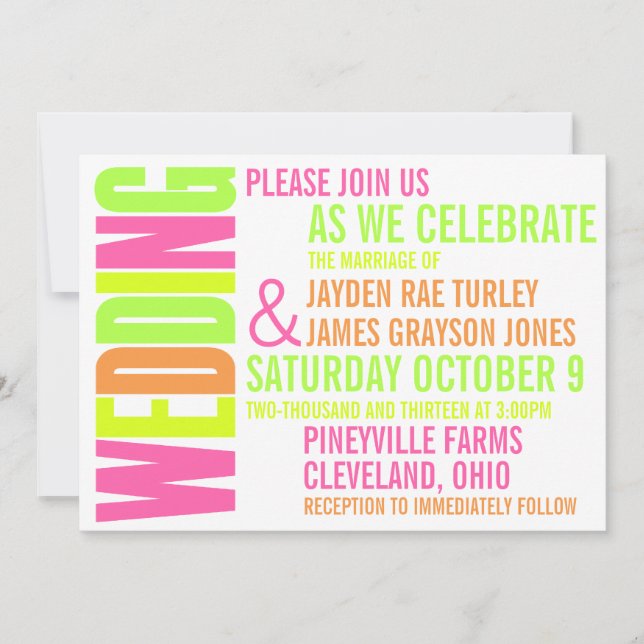 Modern Neon Brights Block Print Wedding Invitation (Front)