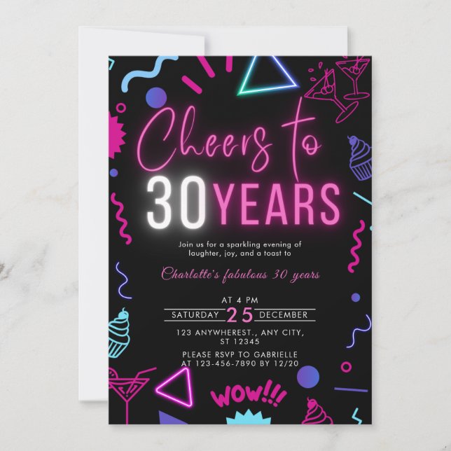 Modern Neon Cheers to 30 Years 30th Birthday Party Invitation (Front)