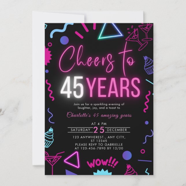 Modern Neon Cheers to 45 Years 45th Birthday Party Invitation (Front)