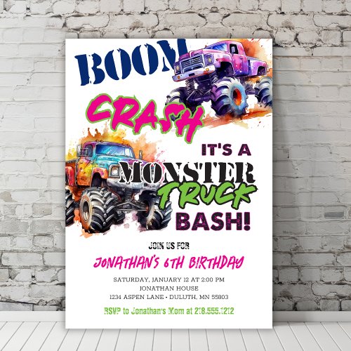 Modern Neon Colors Monster Truck Birthday Invitation