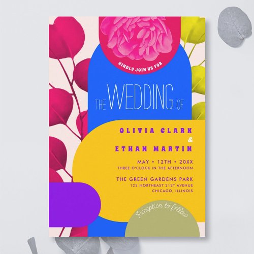 Modern Neon Festival Garden Geometric Wedding Invi Invitation