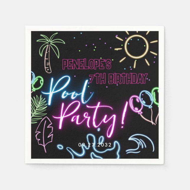 Modern Neon Glow Black Pool Party Birthday Napkins (Front)