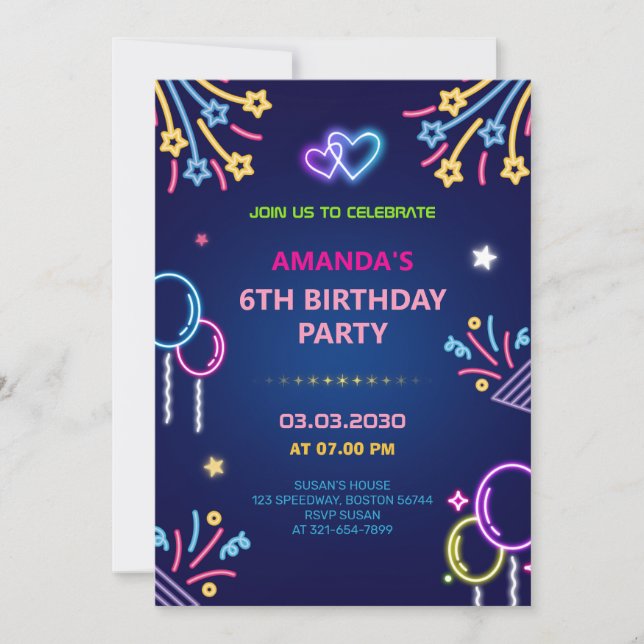 Modern Neon Glow Girl Birthday Party Invitation (Front)