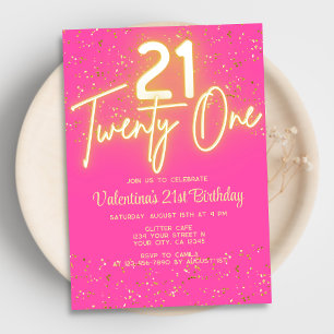 Modern Neon Glow Hot Pink Gold Glitter 21 Birthday Invitation