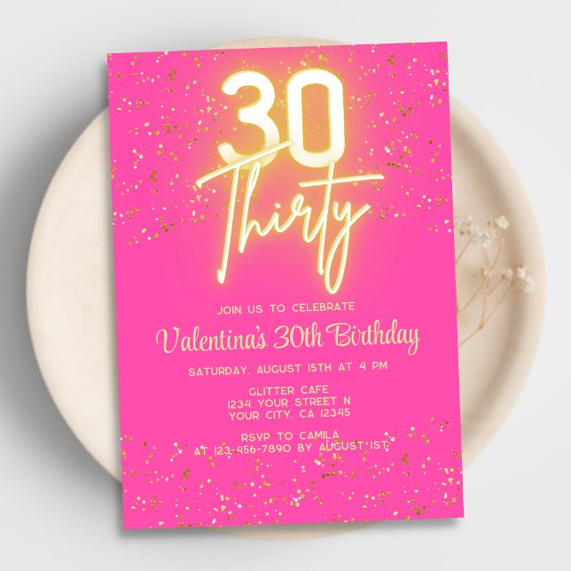 Modern Neon Glow Hot Pink Gold Glitter 30 Birthday Invitation (Creator Uploaded)