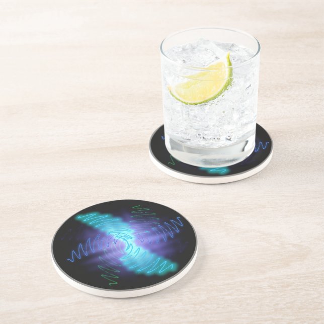 Modern Neon Glowing Sound Waves Drink Coaster (Side)