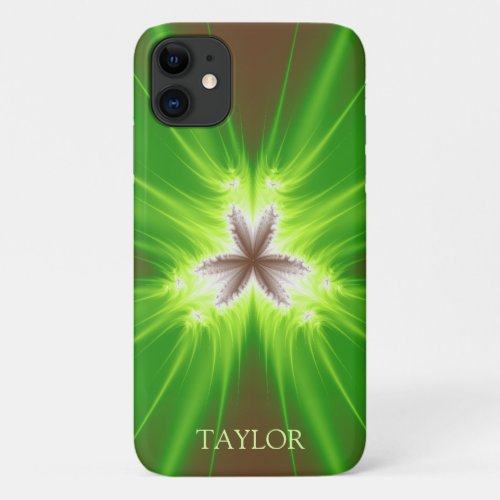 Modern Neon Green Brown Fractal With Name iPhone 11 Case