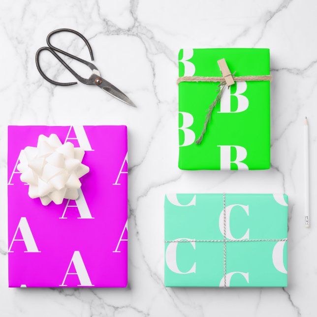 Modern neon green magenta aqua custom initial wrapping paper sheets (Front)