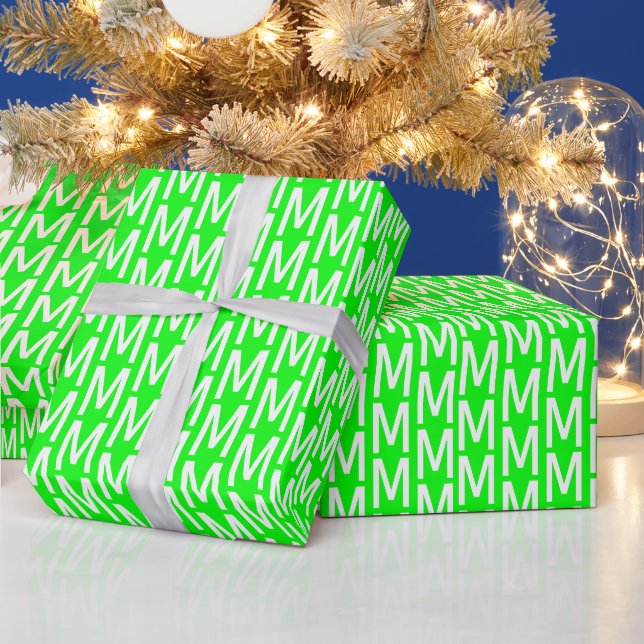 Modern neon green screen custom monogram initial wrapping paper (Holidays)