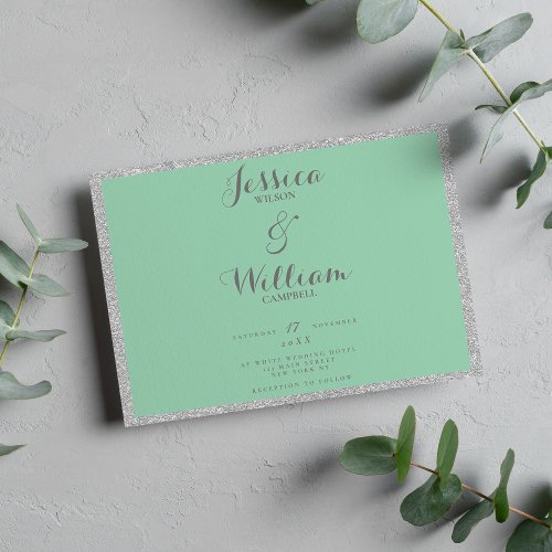 Modern neon green silver glitter borders wedding invitation