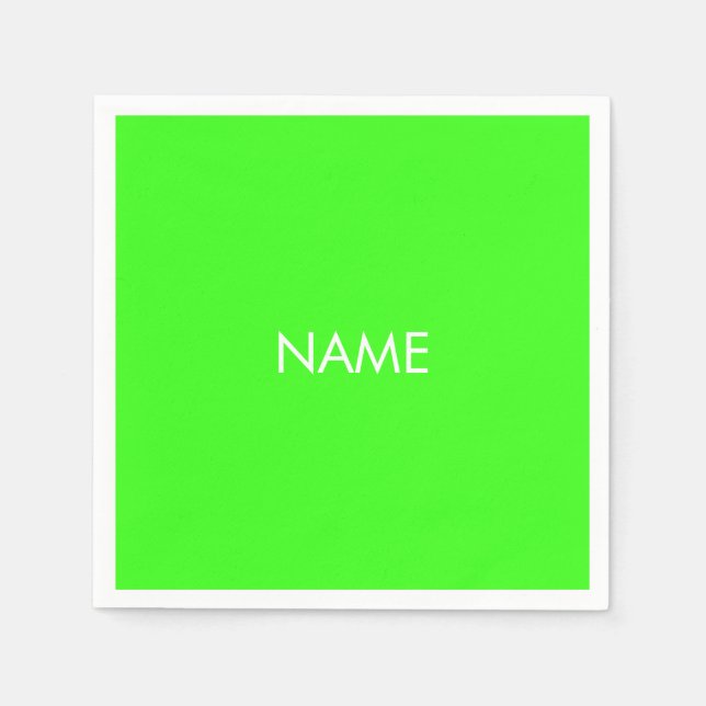 Modern neon green white custom name text paper napkins (Front)