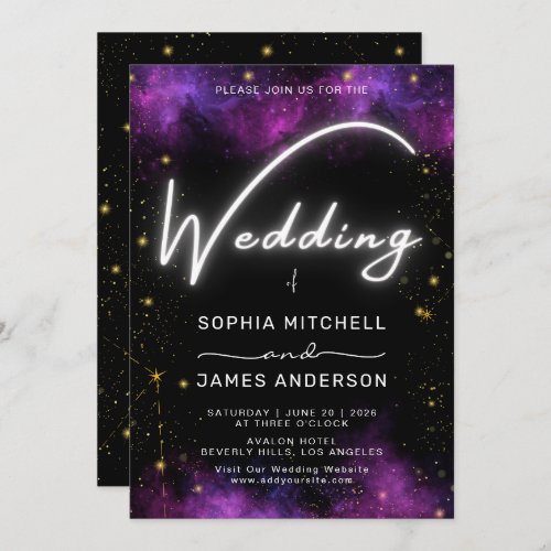 Modern Neon Light Galaxy Black Purple Wedding Invitation