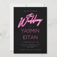 Modern Neon Lights Hot Pink Black Wedding