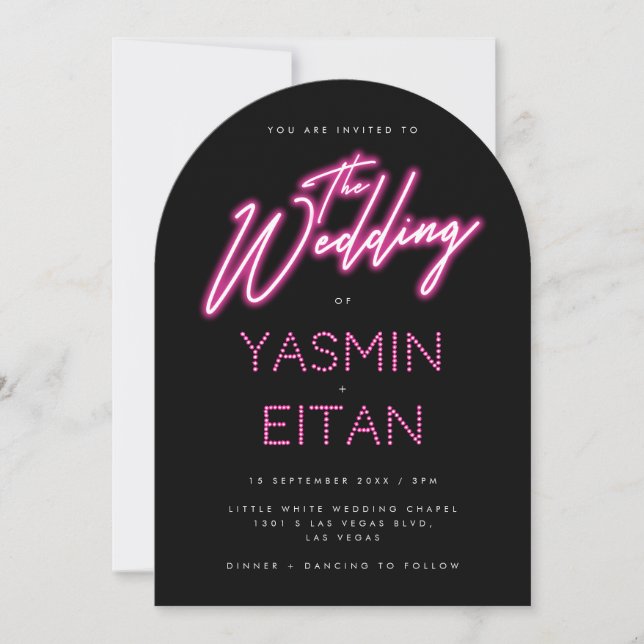 Modern Neon Lights Pink Black Arch Wedding Invitation (Front)