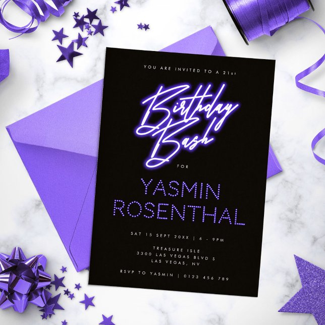 Modern Neon Lights Purple Black Birthday Invitation (Creator Uploaded)