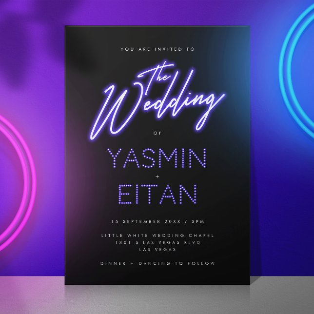 Modern Neon Lights Purple Black Wedding Invitation (Black invitation with a modern purple neon script title)