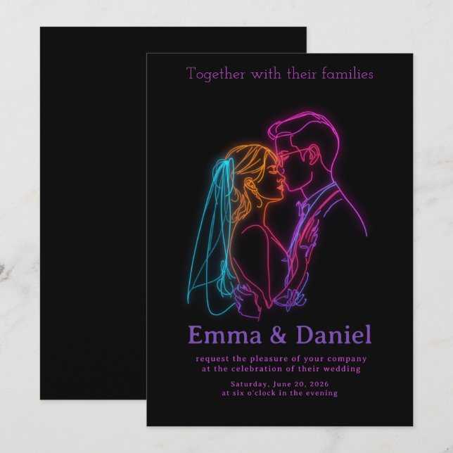 Modern Neon Line Art Couple Wedding Invitation (Front/Back)