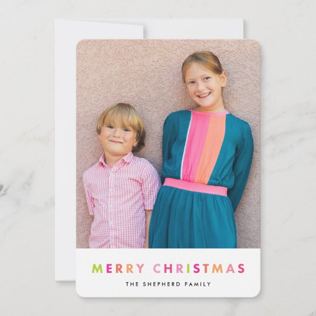 Modern Neon Merry Christmas Photo Card (Front)