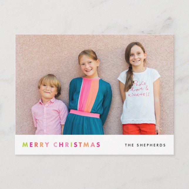 Modern Neon Merry Christmas Photo Postcard (Front)