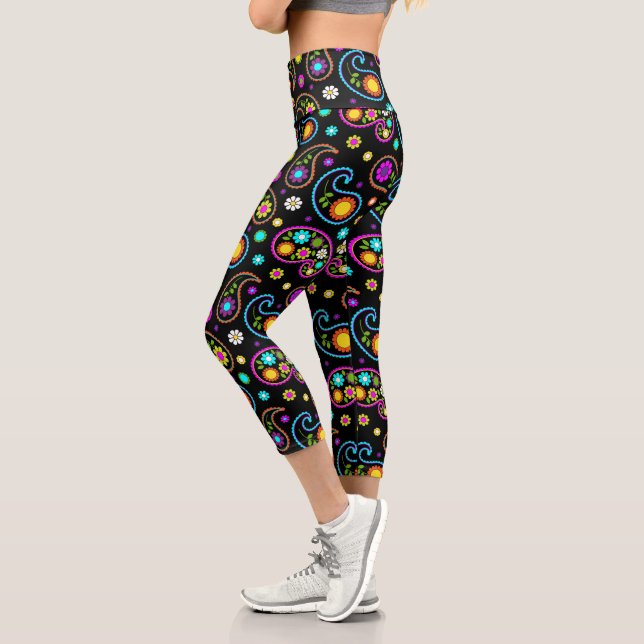 Modern Neon Paisley Floral Pattern Capri Leggings (Left)
