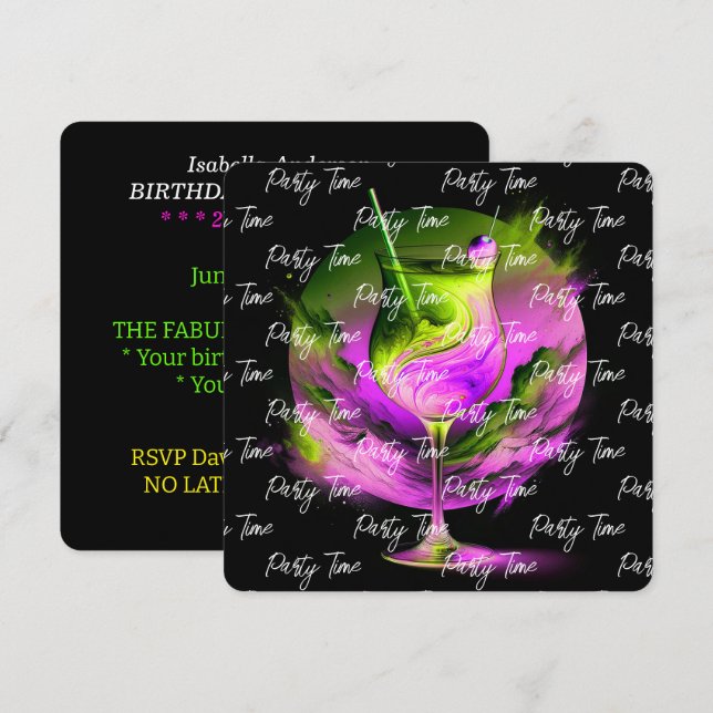 Modern Neon Party Time Personalized Invitation (Front/Back)