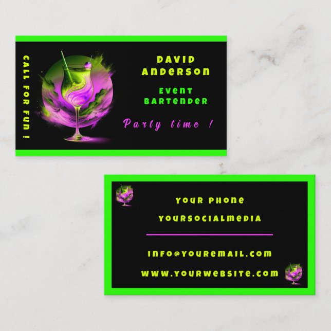 Modern Neon Party Time Personalized Professional Business Card (Front/Back)