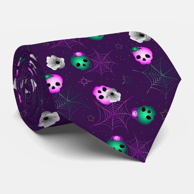 Modern Neon Pink and Green Skulls Neck Tie (Rolled)