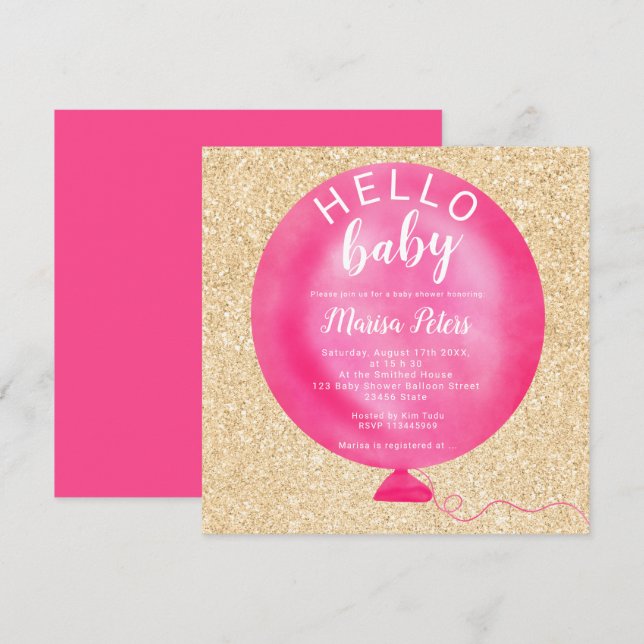 Modern neon pink balloon gold glitter baby shower invitation (Front/Back)