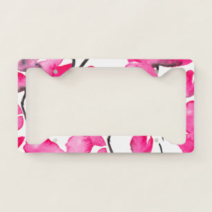 Modern neon pink floral watercolor black pattern license plate frame