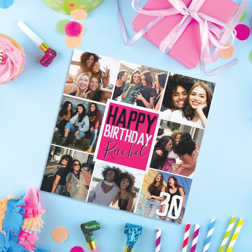 Modern Neon Pink Friends Photo Collage Birthday Card