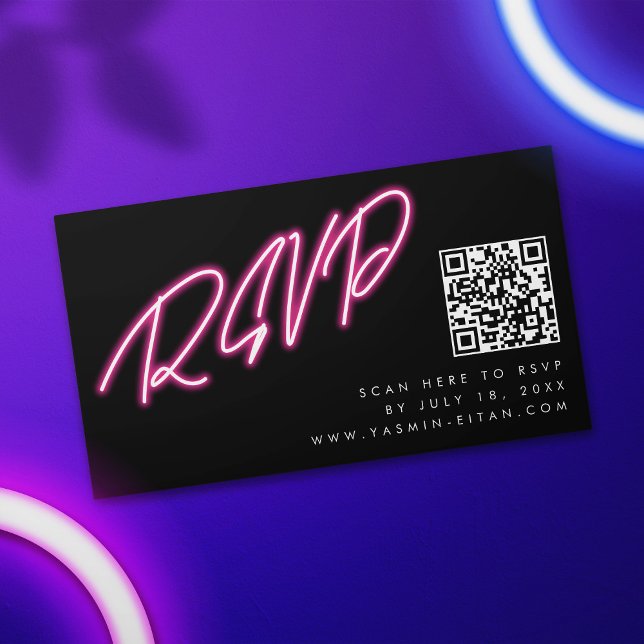 Modern Neon Pink Glow Black Wedding RSVP Enclosure Card (Neon lettering wedding RSVP enclosure card)
