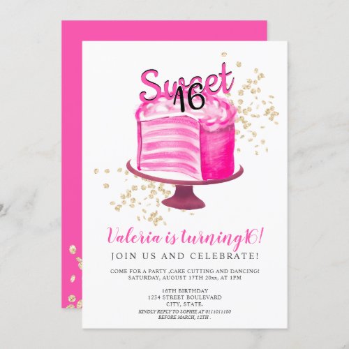 Modern neon pink gold cake cutting girly Sweet 16 Invitation