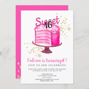 Modern neon pink gold cake cutting girly Sweet 16 Invitation