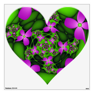 Modern Neon Pink Green Fractal Art Flowers Heart Wall Decal
