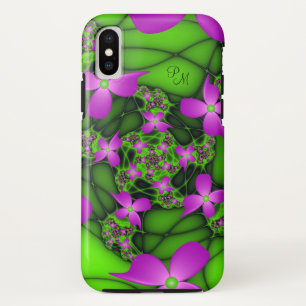 Modern Neon Pink Green Fractal Flowers Monogram iPhone X Case