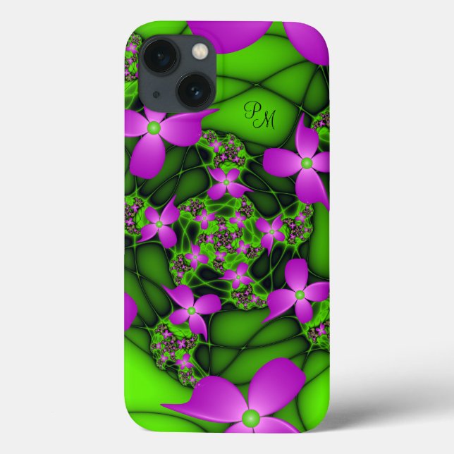 Modern Neon Pink Green Fractal Flowers Monogram Case-Mate iPhone Case (Back)