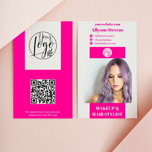Modern neon pink makeup hair photo qr code logo business card