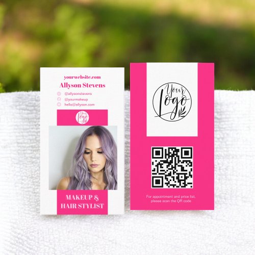 Modern neon pink makeup hair photo qr code logo business card