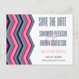 Modern neon pink navy blue chevron save the date announcement postcard
