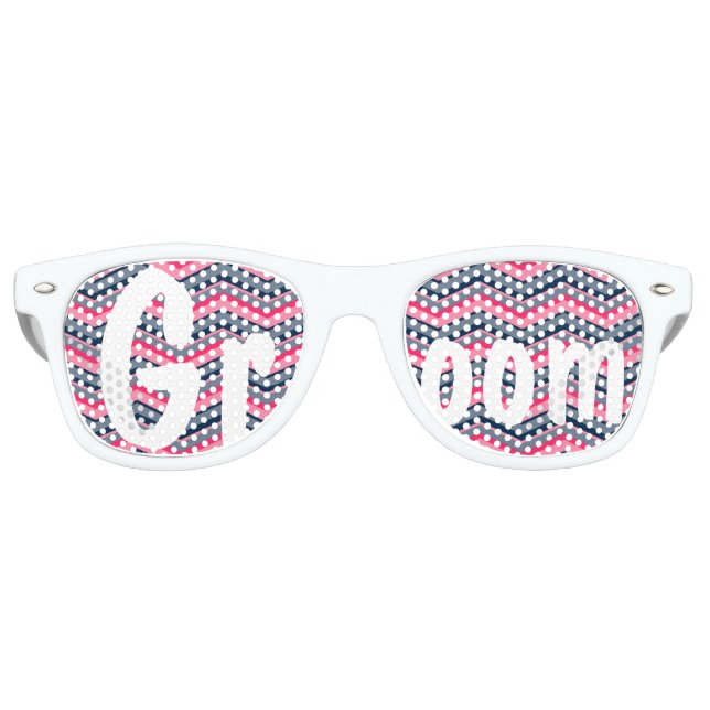 Modern neon pink navy blue chevron wedding Groom Retro Sunglasses (Front)