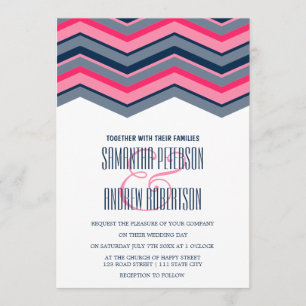 Modern neon pink navy blue chevron Wedding Invitation