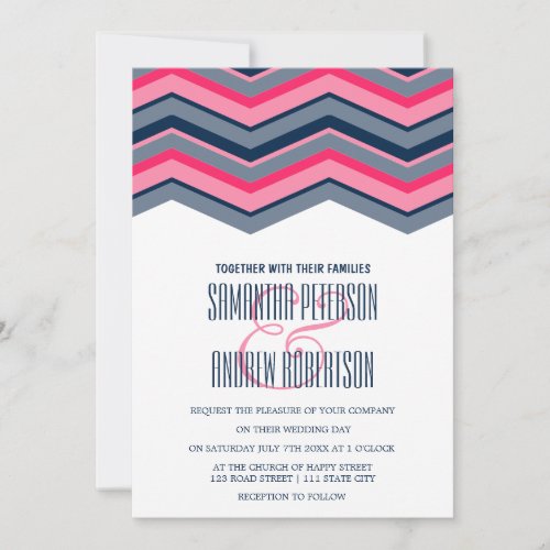 Modern neon pink navy blue chevron Wedding 5x7 Paper Invitation Card