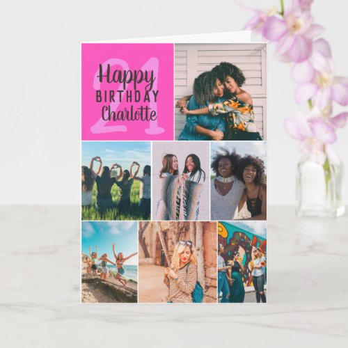 Modern neon pink photos collage grid 21 birthday card