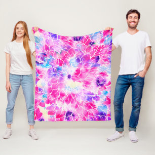 Modern neon pink teal lilac watercolor floral fleece blanket